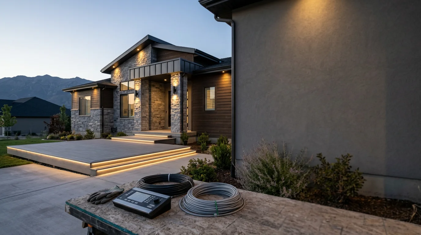Professional outdoor lighting installed around a residential deck and landscape.