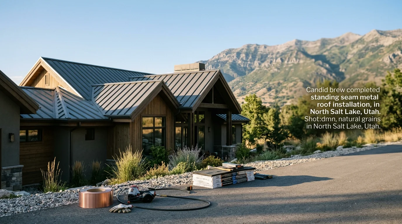 Professional roofer installing asphalt shingles on a residential home in North Salt Lake.