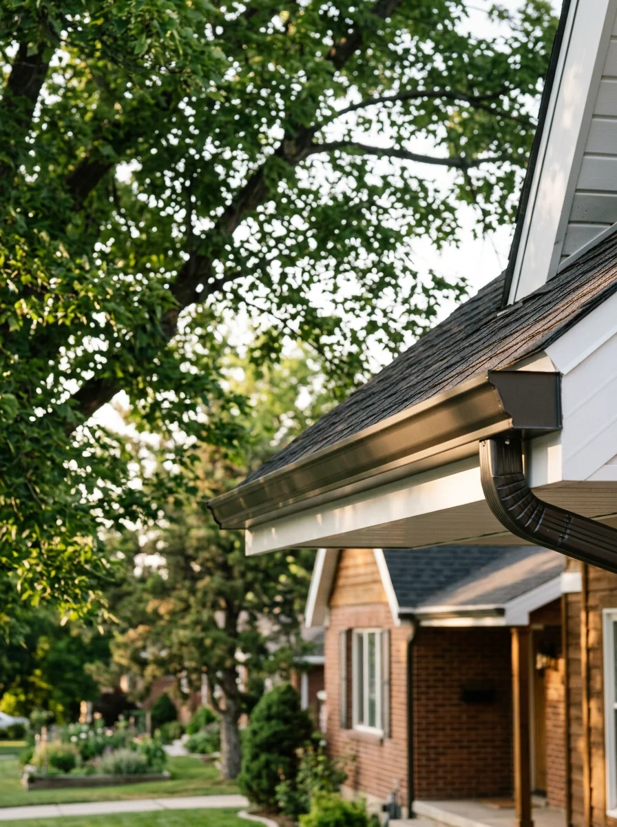 New raingutter and fascia installation on an established Bountiful neighborhood home, showing clean trim work along the roofline with mature trees in the yard.