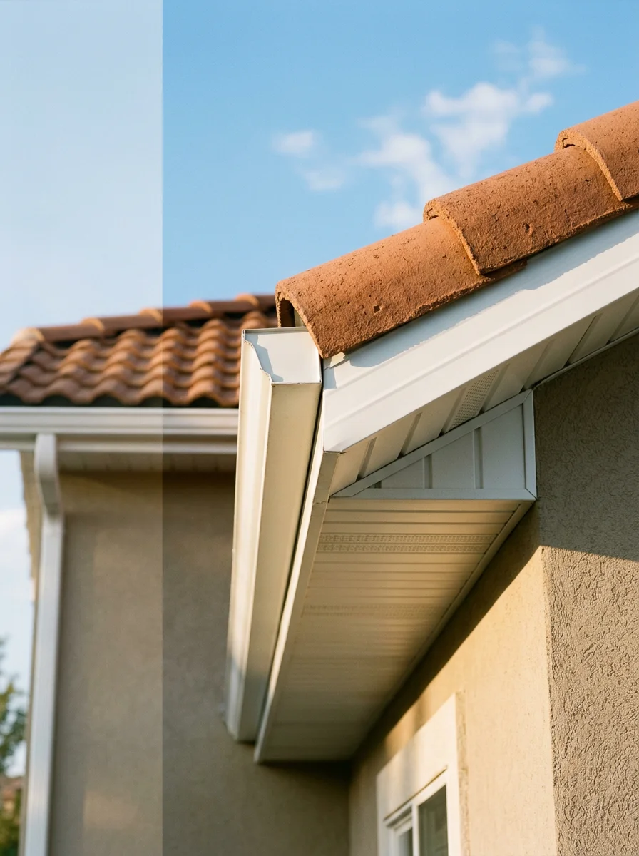 Close-up of new soffit and fascia installation on a North Salt Lake bench-side home, showing clean trim work along the roofline.
