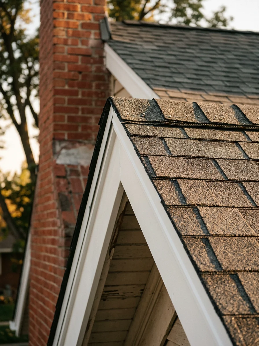 Close-up of new asphalt shingle installation on an older Ogden home near Historic 25th Street, showing fresh ridge cap work and new fascia trim.