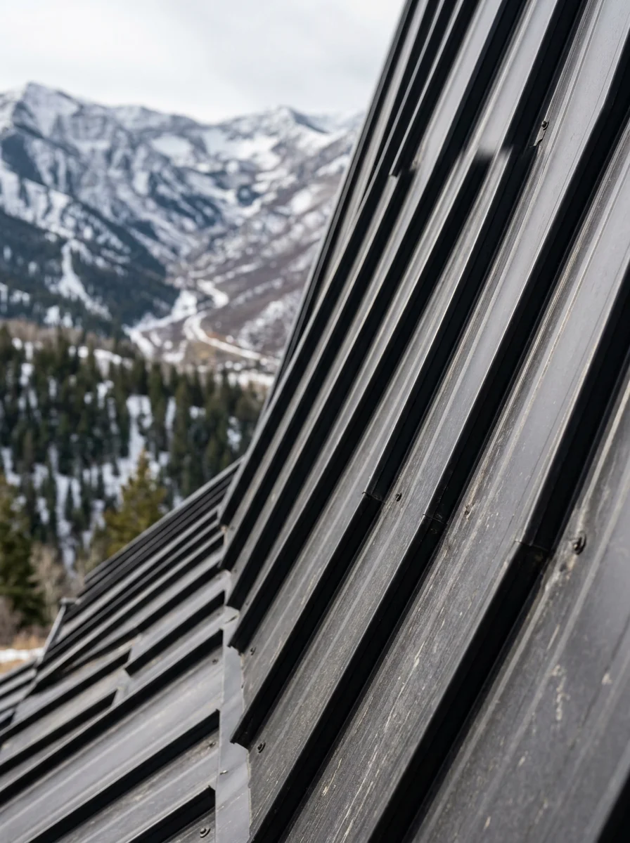 Detail view of standing seam metal roofing panels on a steep-pitch Park City custom home, showing the raised interlocking seam and dark finish against a mountain backdrop.