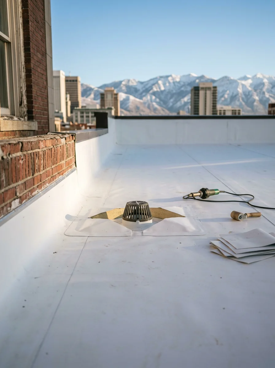 Commercial flat roof installation on a downtown Salt Lake City building, showing new membrane roofing with proper drainage detail and the Wasatch Range in the background.