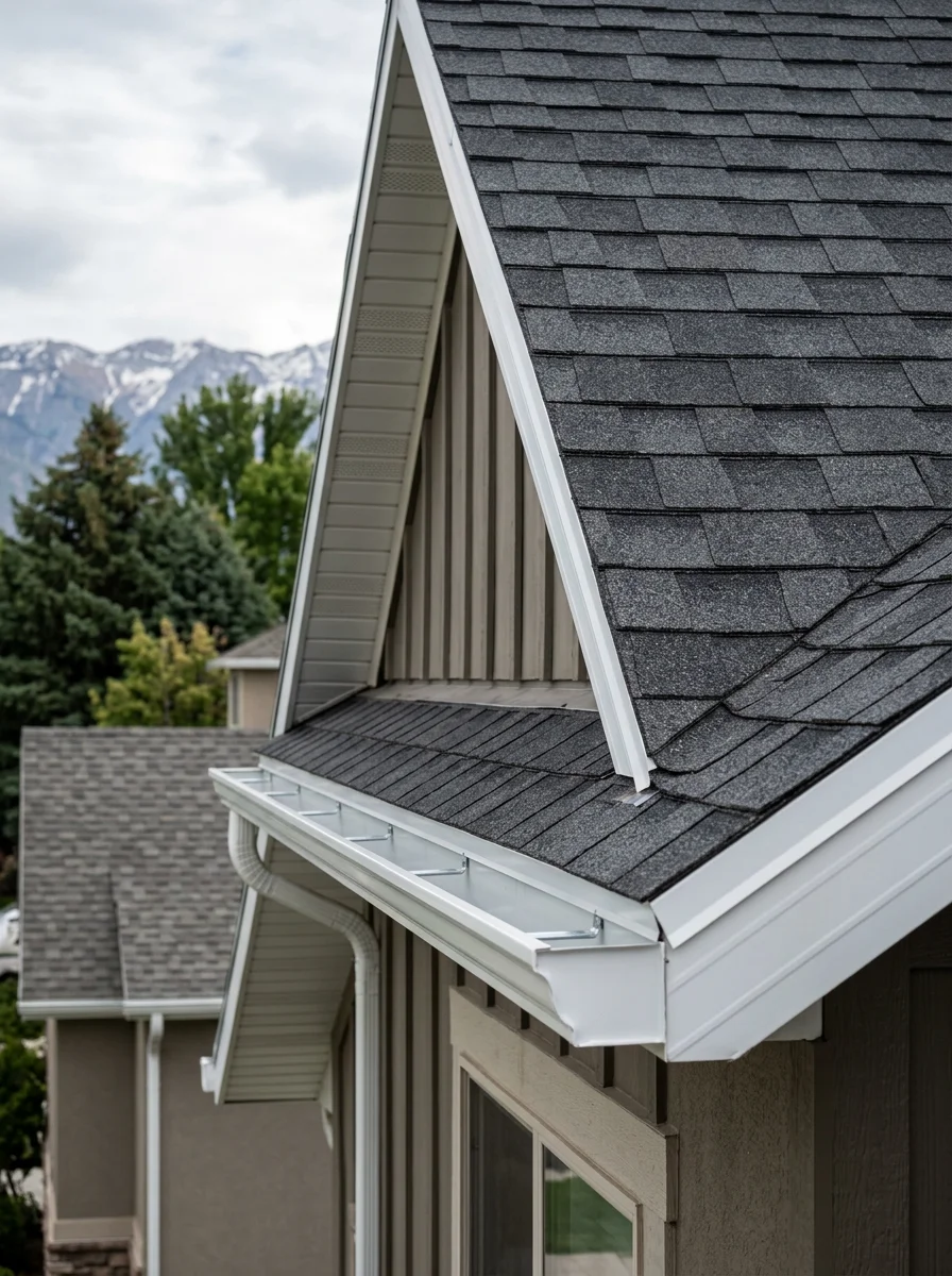 Close-up of a completed asphalt shingle roof replacement on a two-story home in a Wasatch Front suburb, with new gutters installed along the eave line.