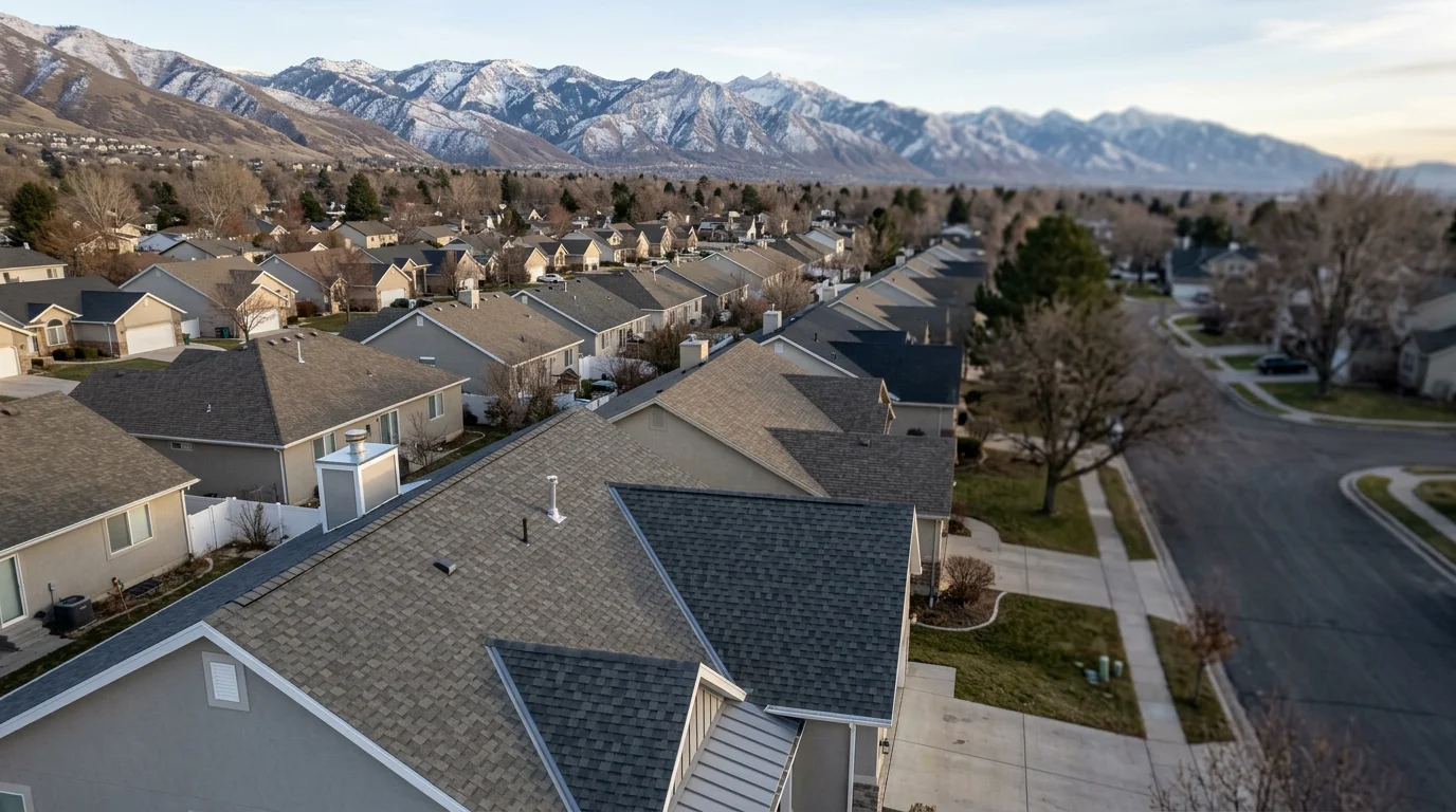 Aerial view of a residential neighborhood along the Wasatch Front with asphalt shingle rooftops and the Wasatch Mountains visible in the background.