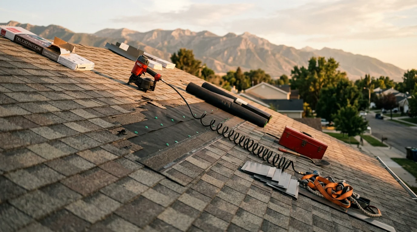 A Redline Roofing and Construction crew member inspecting storm damage on a residential roof along the Wasatch Front, with missing shingles and exposed roof decking visible after a high-wind event. Emergency tarping is staged nearby to protect the home from further water intrusion.