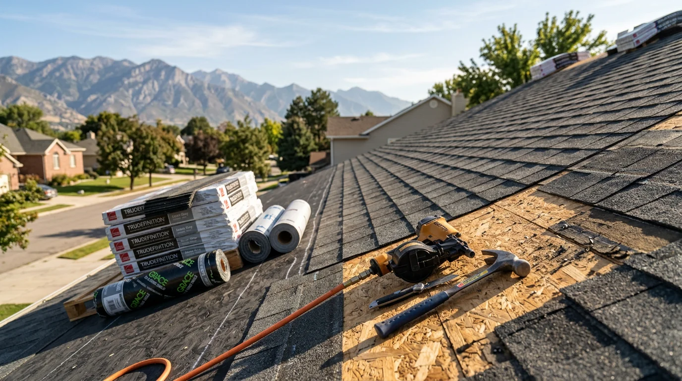 A freshly completed residential roof replacement on a single-family home along the Wasatch Front, showing clean shingle lines against a backdrop of Utah's mountain terrain. The finished roof reflects the kind of solid, affordable workmanship Redline Roofing and Construction delivers to homeowners across the region.