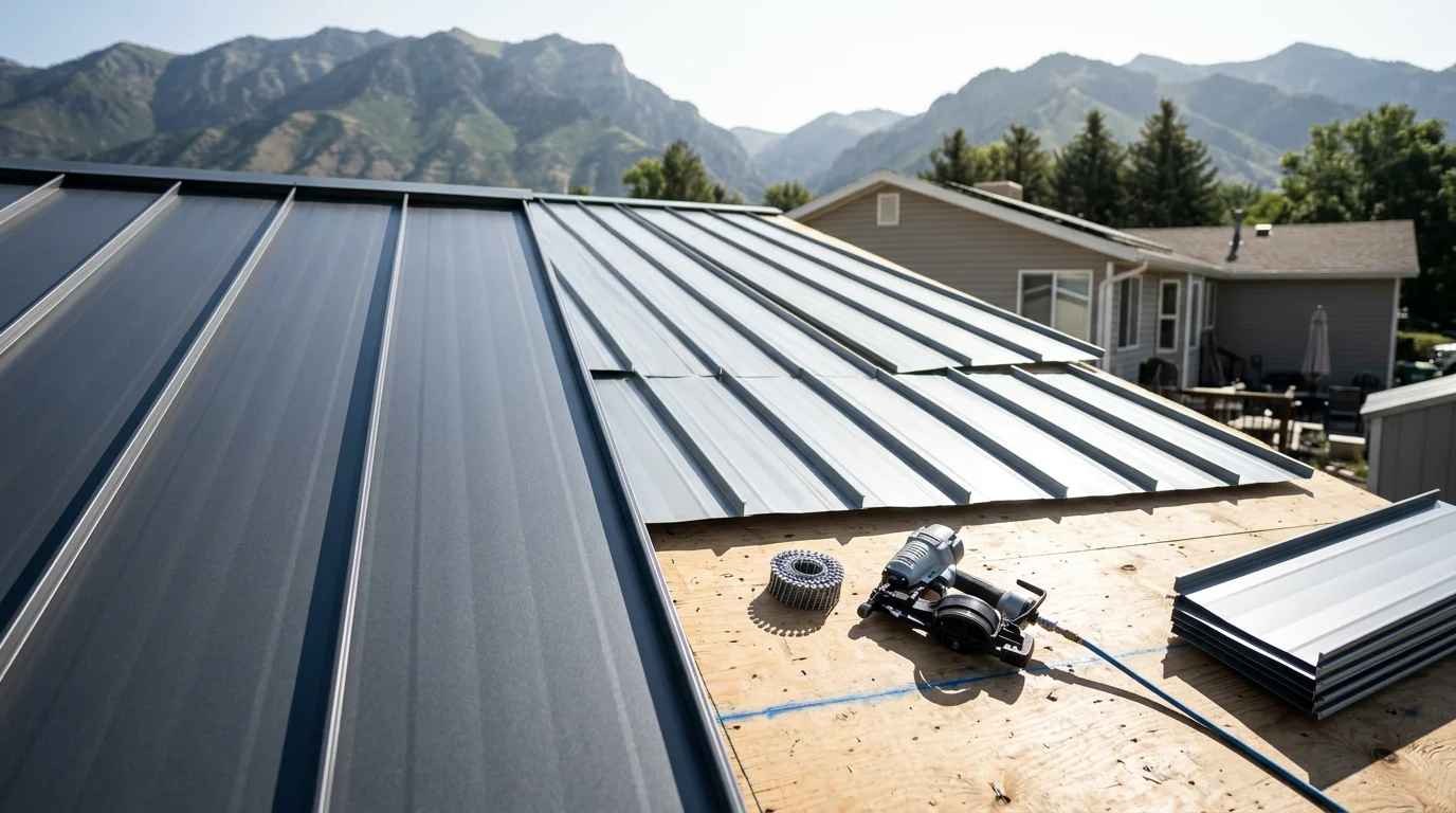 Completed aluminum roof installation on a residential home in the Wasatch Front, showing clean metal panels against a backdrop of Utah mountain terrain. The roof surface reflects natural light with no visible rust, damage, or debris following installation.