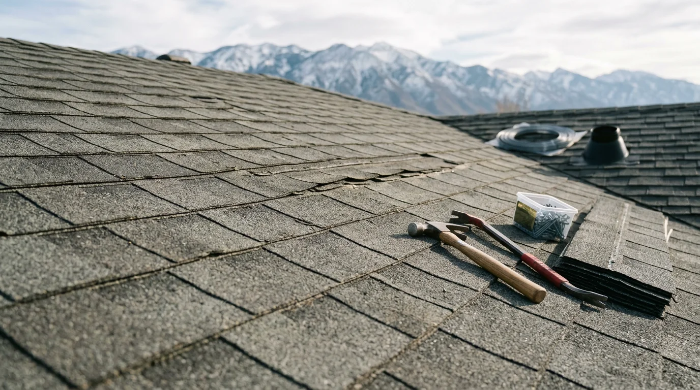 Close-up view of repaired architectural shingles on a residential roof along the Wasatch Front, showing replaced sections blended into the surrounding shingle field with valley flashing visible in the background.