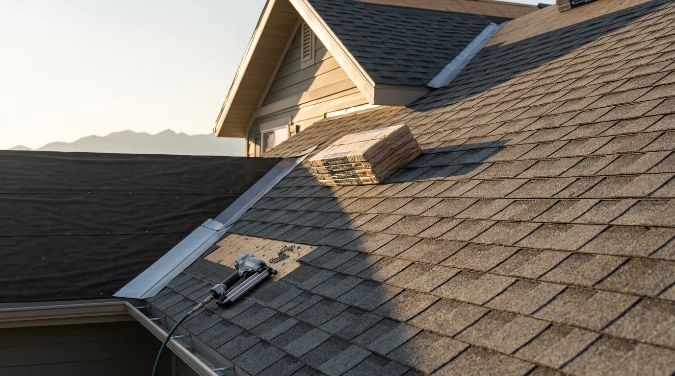 A freshly completed architectural shingle roof replacement on a residential home along the Wasatch Front, with dimensional shingles installed across a steep-pitched roofline against a backdrop of Utah mountains. Close detail shows uniform shadow lines and clean ridge cap work on a Layton-area home.