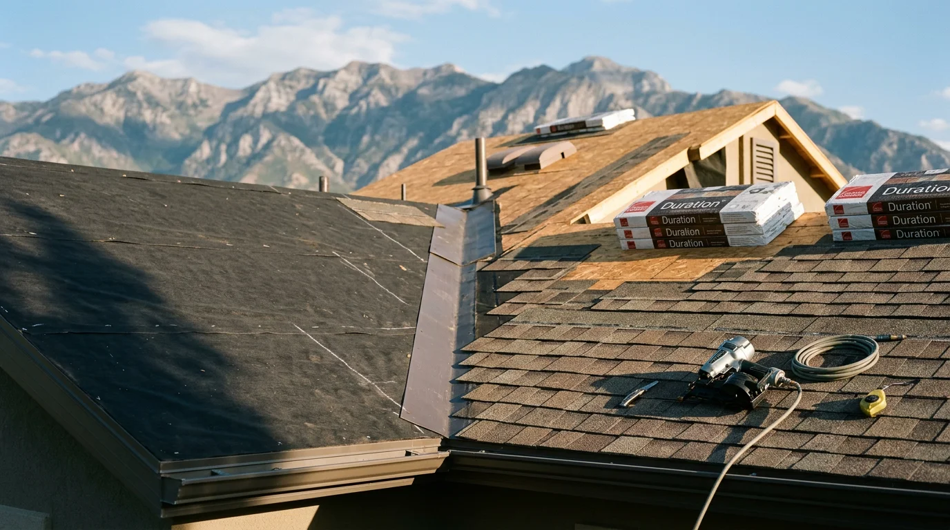 A Wasatch Front home with a freshly completed asphalt shingle replacement, showing clean uniform shingles across the full roof slope against a backdrop of Utah mountains. A roofer from Redline Roofing and Construction is visible on the roof during the installation process.