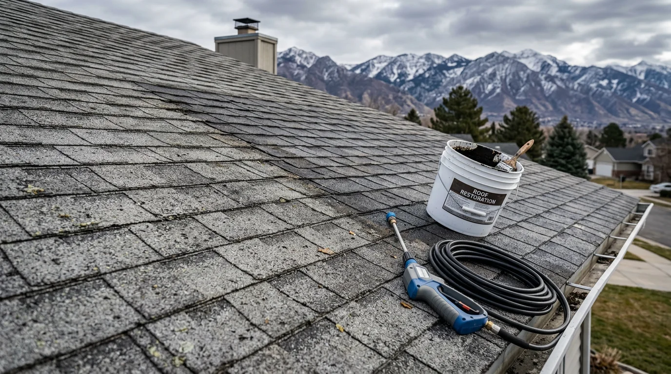 Close-up view of restored asphalt shingles on a residential roof along the Wasatch Front, showing clean, uniform shingle surfaces after treatment and repair. A Utah mountain backdrop is visible in the distance behind the roofline.