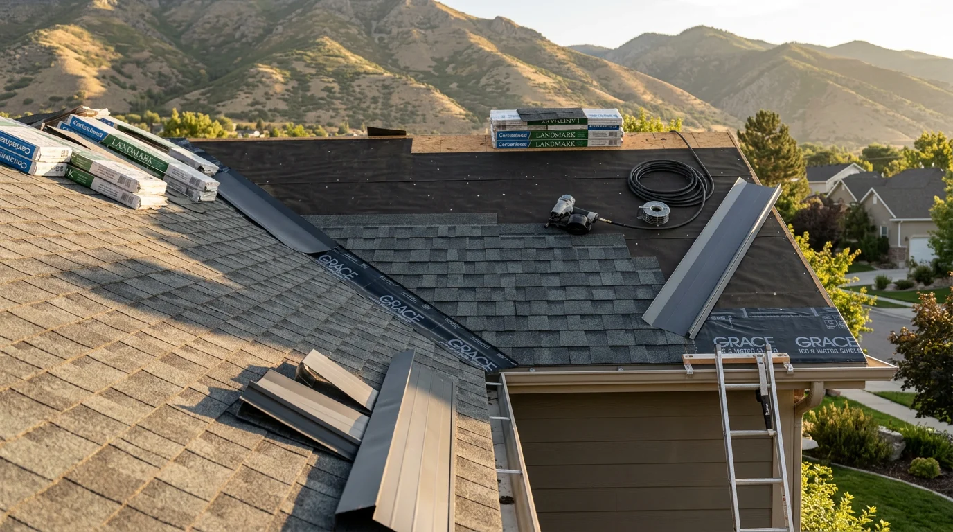 A freshly installed asphalt shingle roof on a residential home along the Wasatch Front, with clean ridge lines and new flashing visible at the chimney and roof edges. Snow-capped Wasatch Range mountains are visible in the background.
