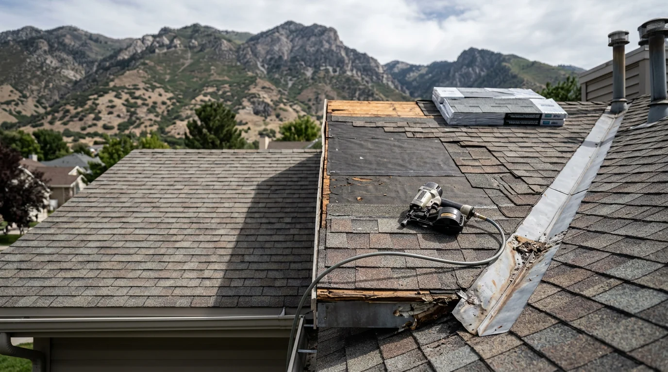 A roofing contractor replacing damaged asphalt shingles on a residential home along the Wasatch Front, with mountain terrain visible in the background. Close-up view shows repaired shingle sections blending with the existing roof surface after storm damage repair.