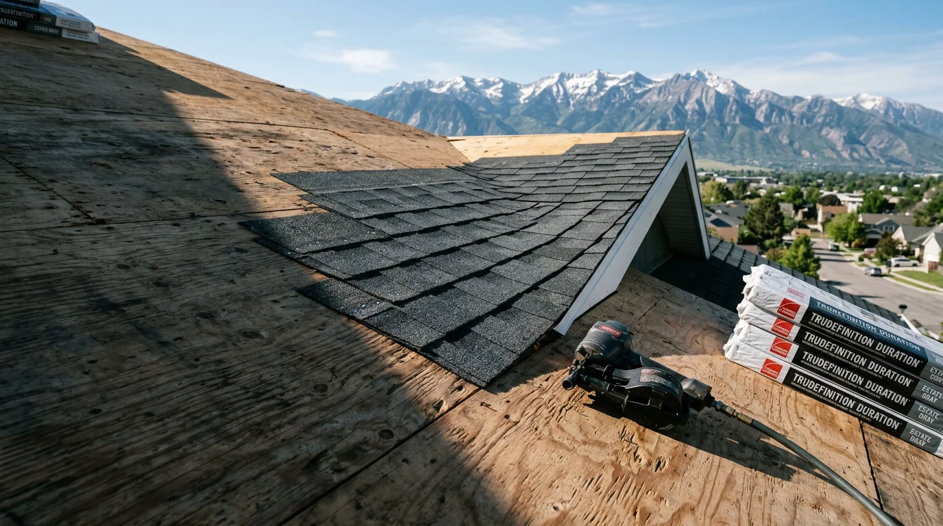A freshly completed asphalt shingle roof replacement on a residential home along the Wasatch Front, with clean ridge lines and uniform new shingles visible against a backdrop of Utah mountains. The finished roof shows full coverage from eave to ridge with no visible damage or wear.