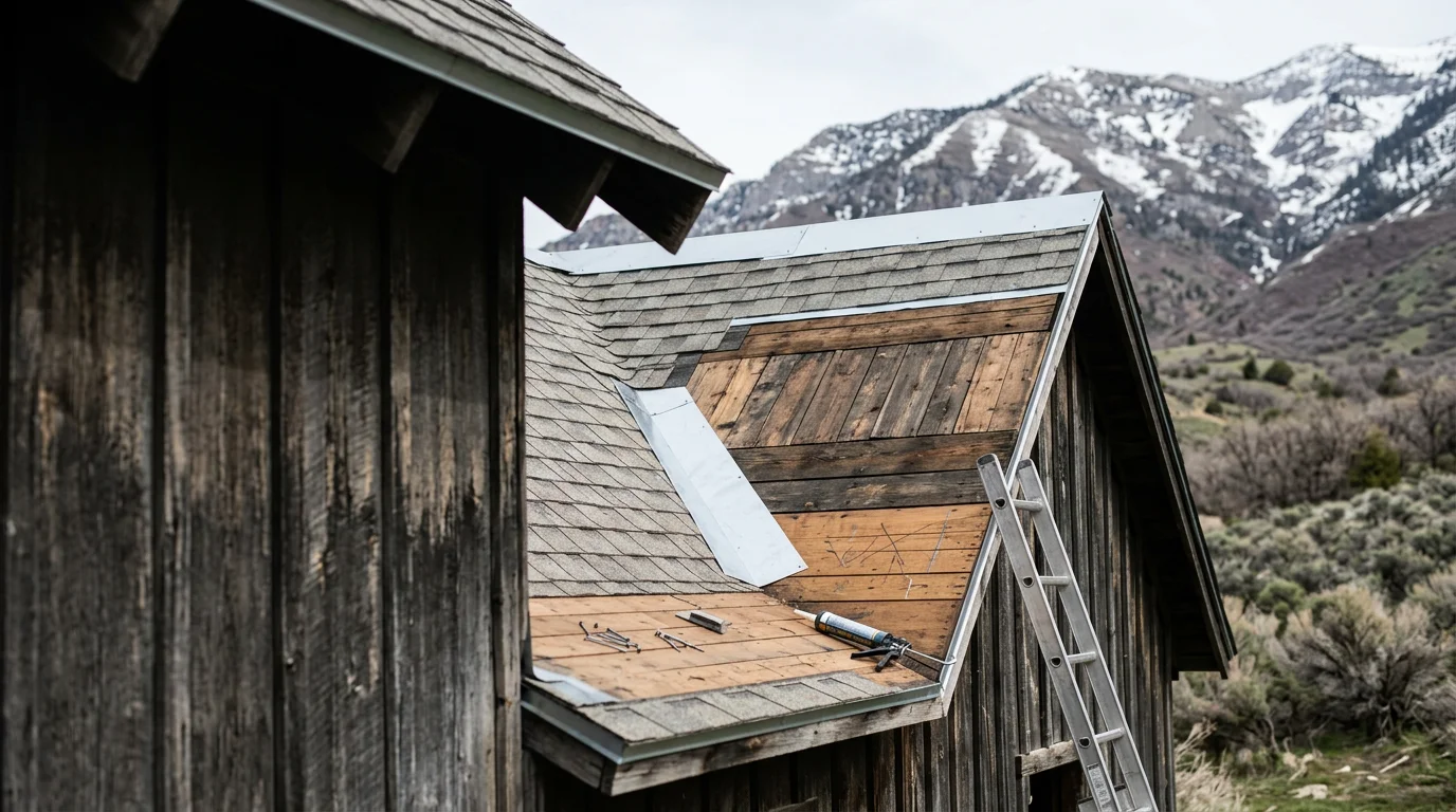 A barn roof on a rural Wasatch Front property showing completed repair work on a wide-span metal and wood surface. Snow-capped Utah mountains are visible in the background.
