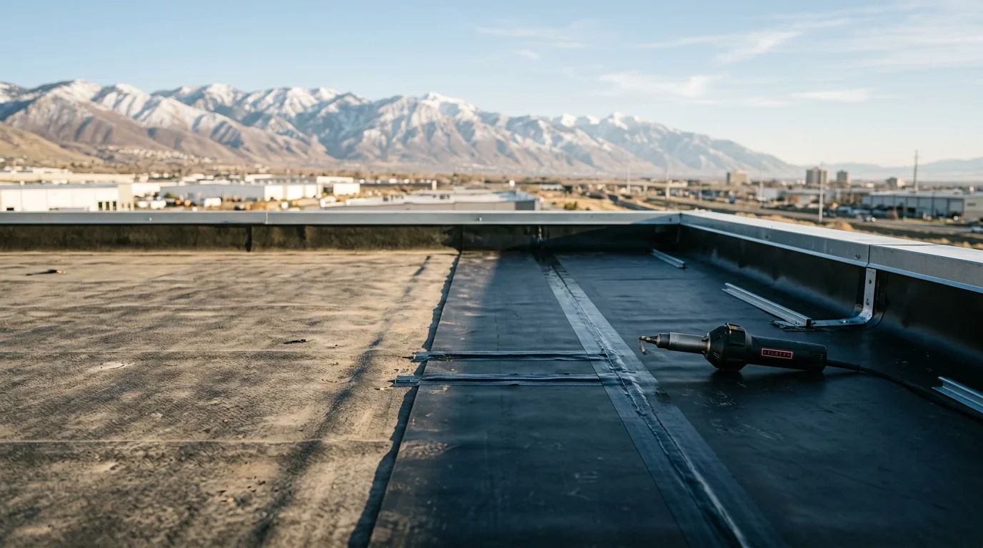 A completed black EPDM rubber roofing installation on a flat residential roof along the Wasatch Front, with clean membrane seams and edge metal visible against a backdrop of Utah mountains.