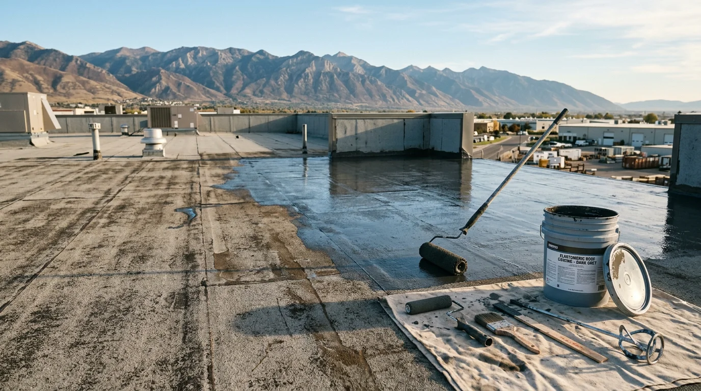Close-up view of a freshly coated built-up flat roof on a residential property along the Wasatch Front, showing a smooth, sealed surface with no visible cracking or ponding areas. The coating reflects the bright Utah sky, with the Wasatch mountain range visible in the background.