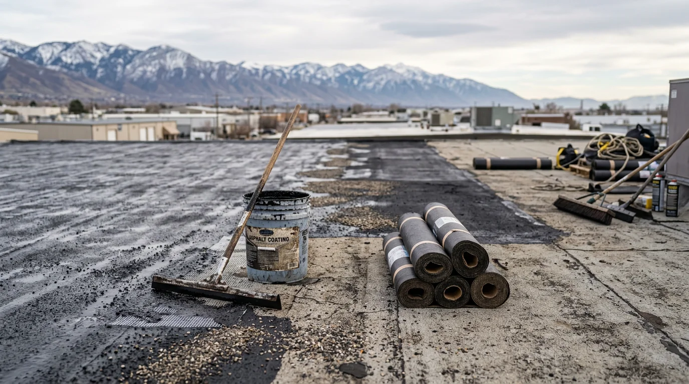 Close-up view of a built-up roof restoration in progress on a flat commercial building along the Wasatch Front, showing repaired asphalt layers and aggregate surfacing under a clear Utah sky.
