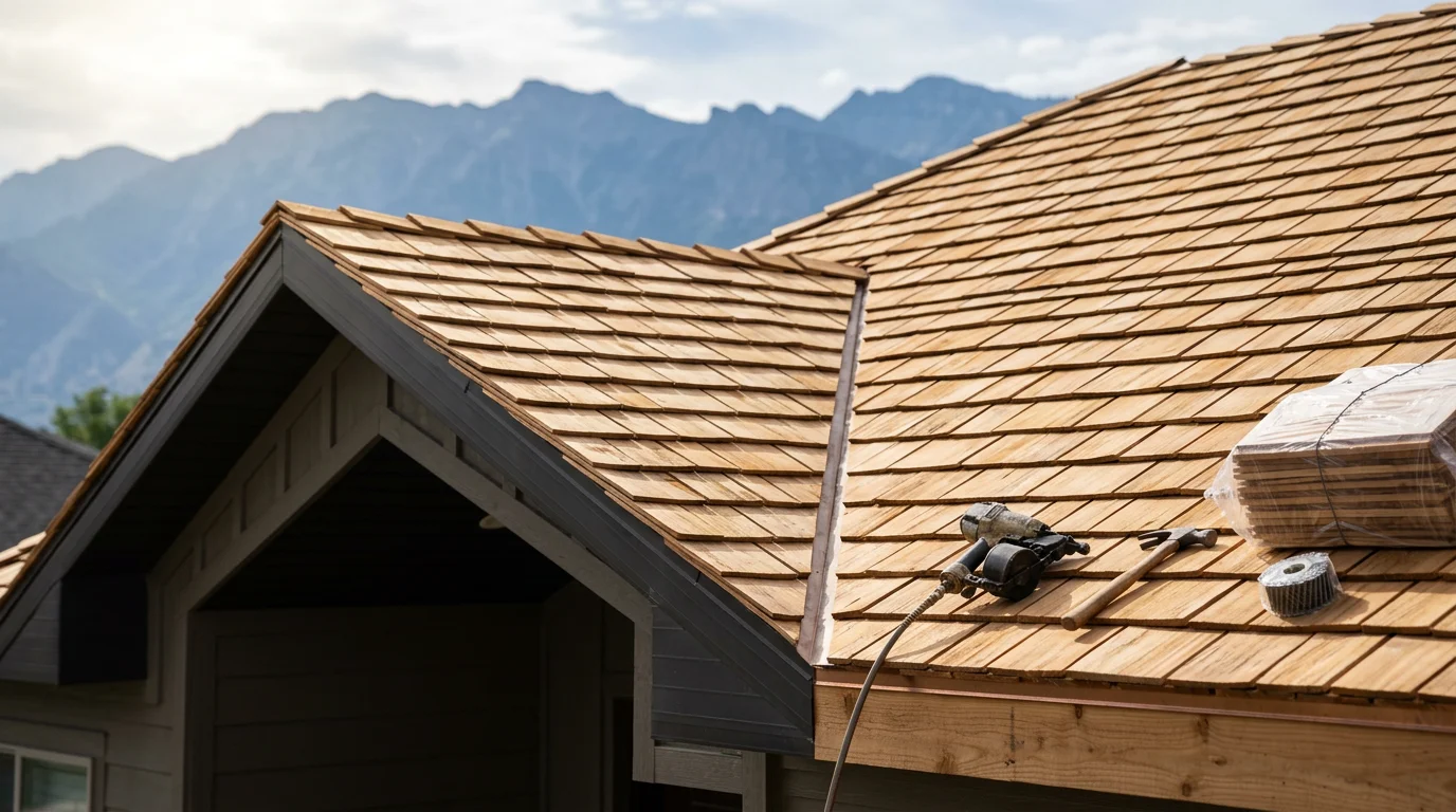 A freshly installed cedar shake roof on a residential home in the Wasatch Front, showing the natural wood texture and hand-split shakes against a backdrop of Utah mountain terrain. Close detail reveals the layered installation pattern and warm brown tones of new Western red cedar.