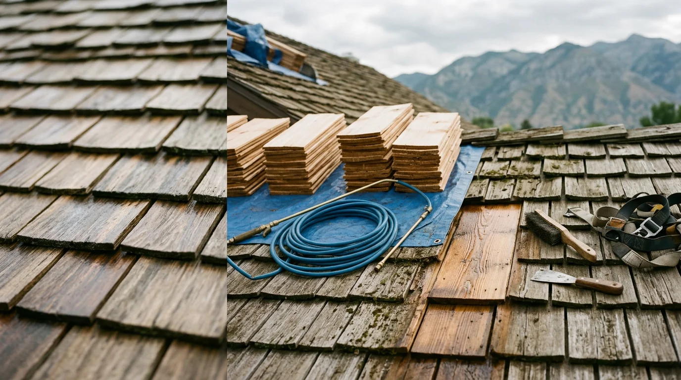 A restored cedar shake roof on a residential home along the Wasatch Front, showing clean, evenly colored wood shakes with no visible moss, cracking, or missing sections. The mountain backdrop reflects the high-elevation Utah setting where cedar roofs face intense UV and winter snow loads.