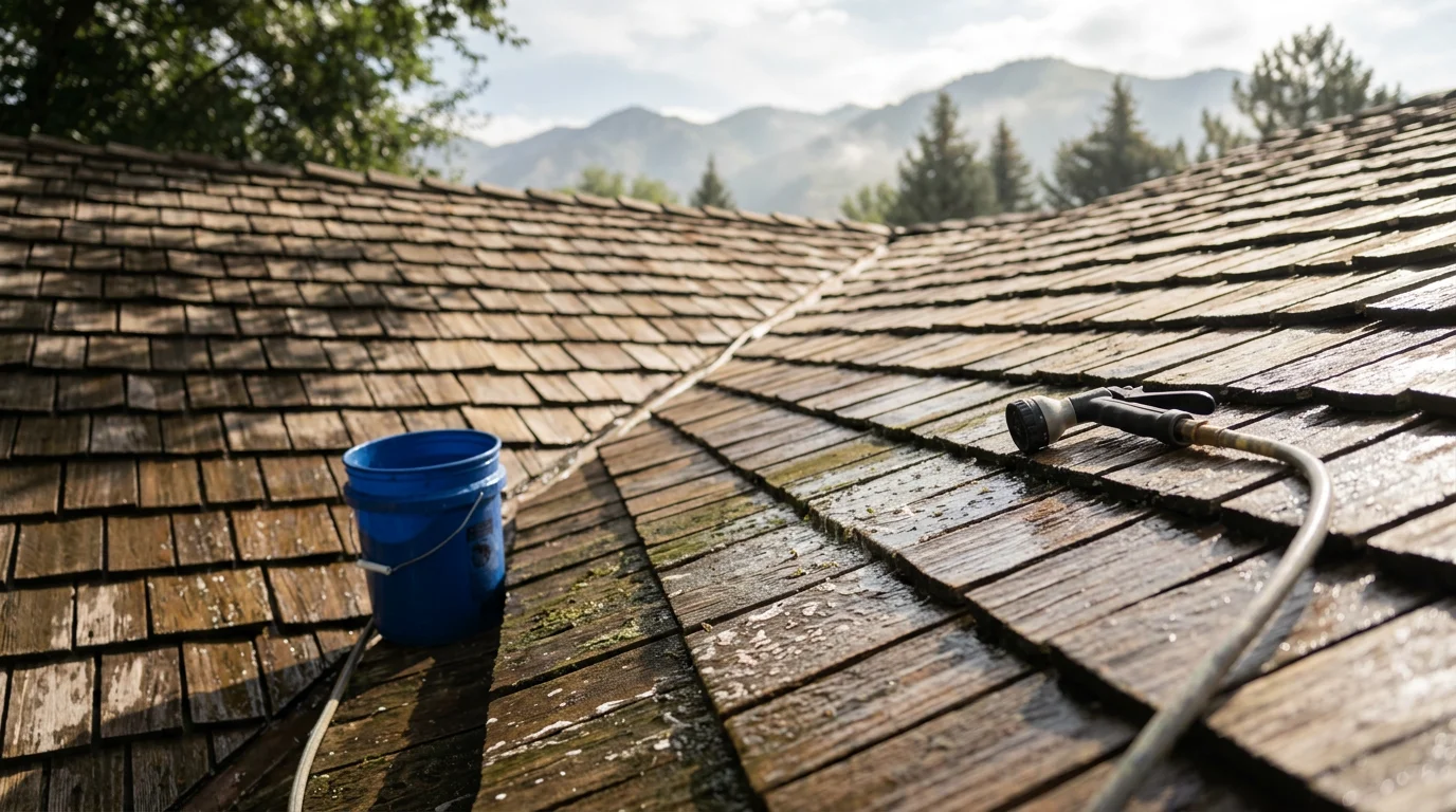 A cedar shake roof on a residential home along the Wasatch Front being soft-washed to remove green moss and dark algae stains from the wood shingles. The cleaned section of the roof shows restored natural cedar color compared to the moss-covered area still awaiting treatment.