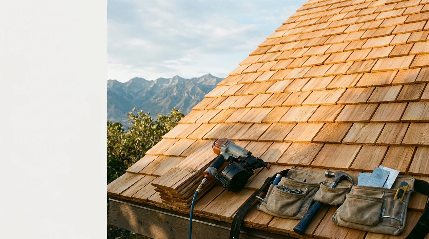 Freshly installed cedar shake roof on a residential home along the Wasatch Front, showing the thick hand-split texture and natural wood tones against a backdrop of Utah mountain terrain. Close-up detail highlights the dimensional layering and tight ridge line typical of a professional cedar roofing installation.