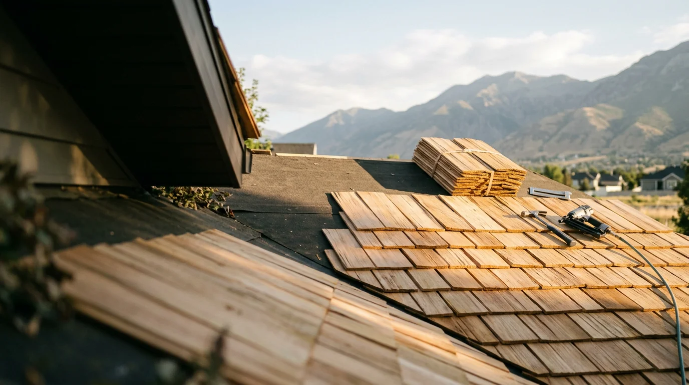 Freshly installed cedar shake roof on a residential home along the Wasatch Front, showing the hand-split texture and natural wood tones against a backdrop of Utah mountain foothills. Close detail of staggered shake courses with consistent exposure and tight flashing at the ridge line.