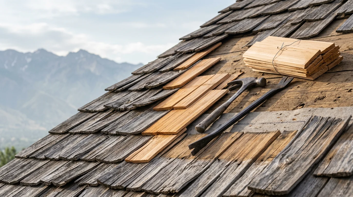 A cedar shake roof on a residential home along the Wasatch Front showing freshly restored wood shakes with even coloring and no visible splits or curling. The surrounding mountain landscape is visible in the background.