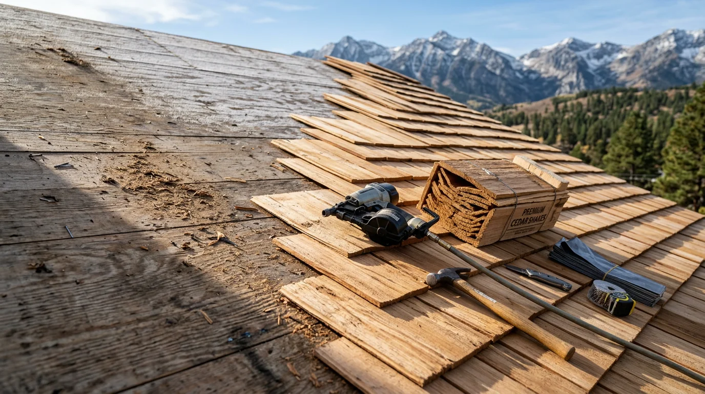 Freshly installed cedar shake roof on a residential home in the Wasatch Front, showing hand-split wood shakes with natural texture and warm tone against a mountain backdrop. Close view of coursed cedar shake rows with tight flashing detail at the roof ridge.