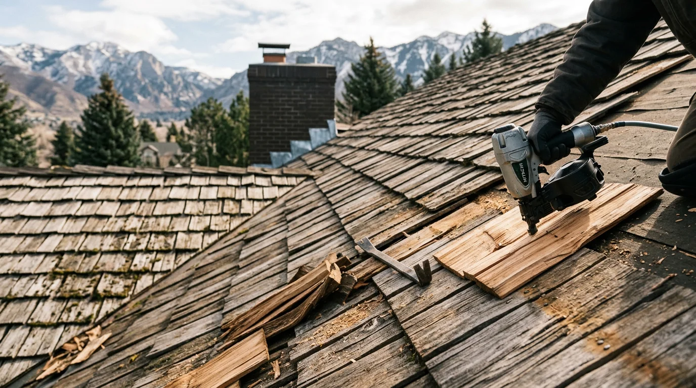 A cedar shake roof on a residential home along the Wasatch Front showing repaired and replaced wood shakes blending with the existing roof surface. Snow-capped mountains are visible in the background, reflecting the Utah mountain climate these roofs must withstand.