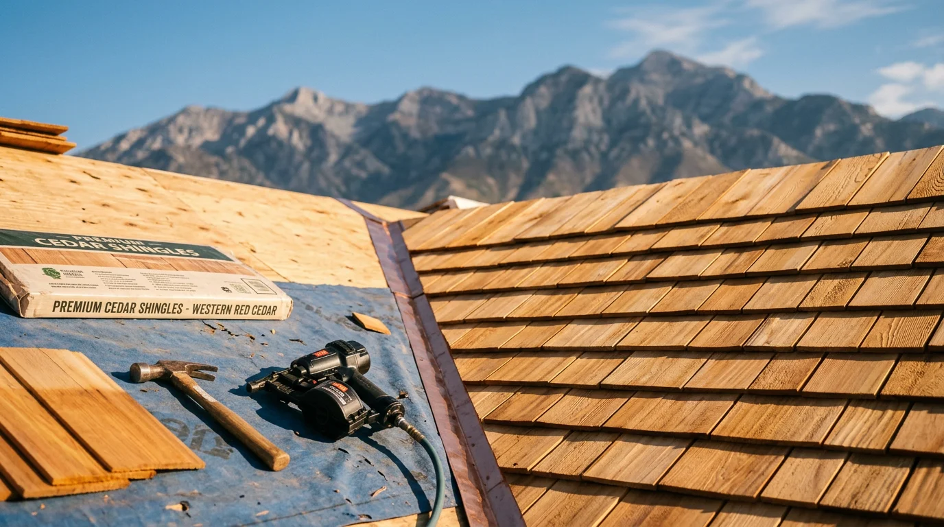 Freshly installed cedar shingles on a pitched residential roof with the Wasatch mountain range visible in the background. The natural wood tones of the shingles complement the home's exterior against a clear Utah sky.