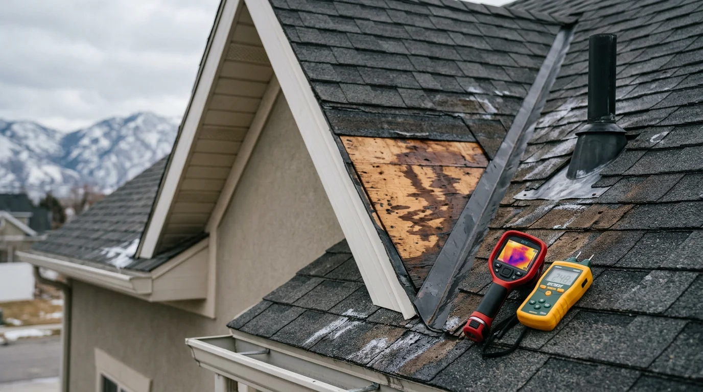 A repaired residential roof on a Wasatch Front home showing sealed flashing around a vent penetration and replaced shingles on the damaged section. Interior ceiling below shows no visible staining after the roof repair was completed.
