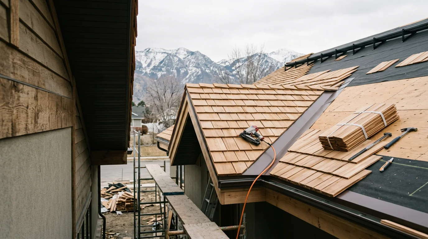 A commercial building with a newly installed cedar shake roof in the Wasatch Front, showing natural wood texture and clean ridge lines against a backdrop of Utah mountain terrain. Close detail of cedar shakes laid in uniform courses with finished flashing at the roof edge.