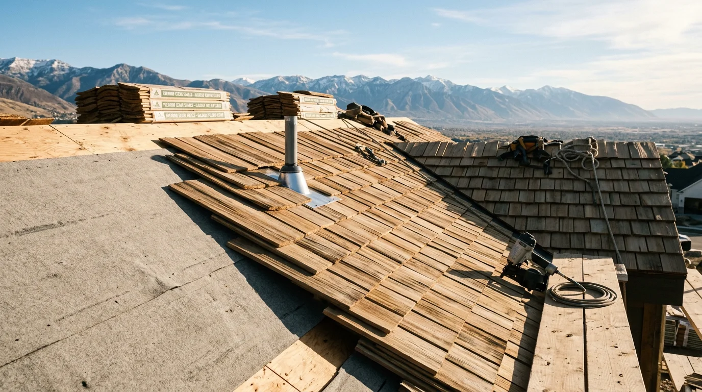 A completed commercial cedar shake roof installation on a multi-unit building along the Wasatch Front, showing natural wood shakes with even spacing and clean ridge lines against a mountain backdrop. The roof reflects the rustic, high-quality aesthetic common to commercial properties in the Salt Lake City and Park City area.