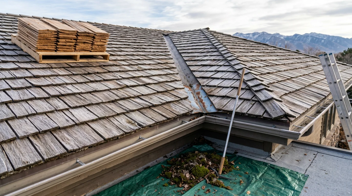 A commercial building with a cedar shake roof on the Wasatch Front, showing a roofing professional inspecting shake condition and valley flashing against a backdrop of Utah mountains.
