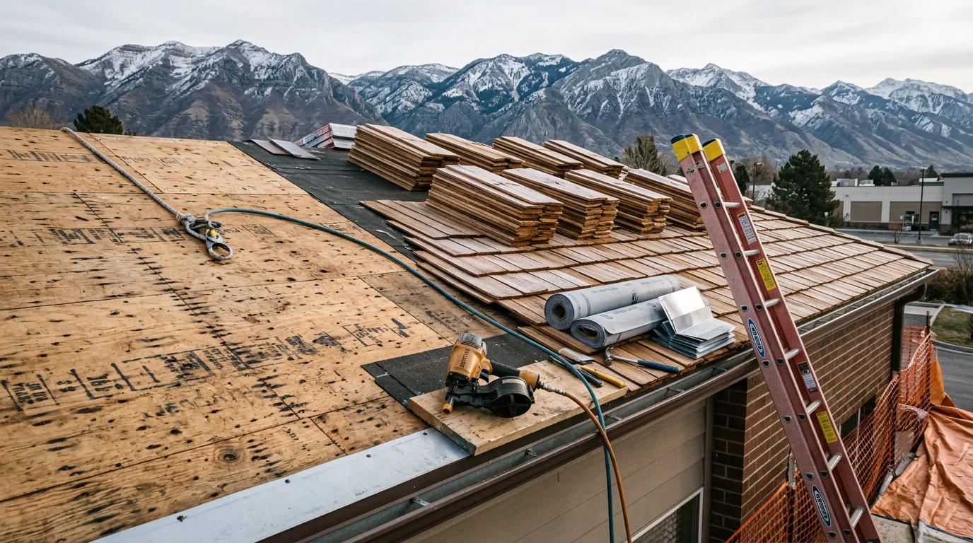 A completed commercial cedar shake roof replacement on a commercial building along the Wasatch Front in Utah, showing freshly installed cedar shakes with clean ridge lines and proper flashing against a mountain backdrop.
