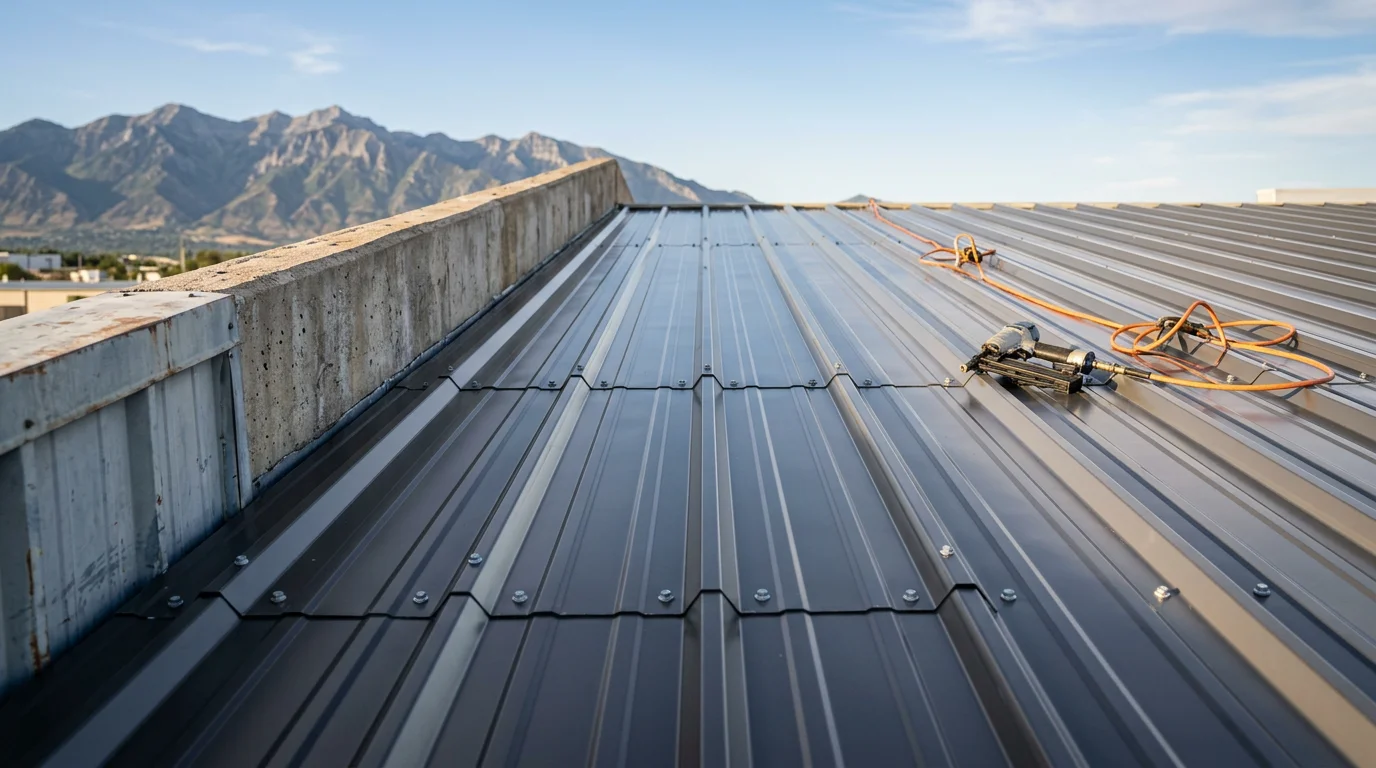 Commercial corrugated steel roofing installed on a large warehouse-style building along the Wasatch Front in Utah, with mountain terrain visible in the background. The ribbed steel panels run the full length of the roof slope, showing clean panel alignment and metal ridge flashing at the peak.