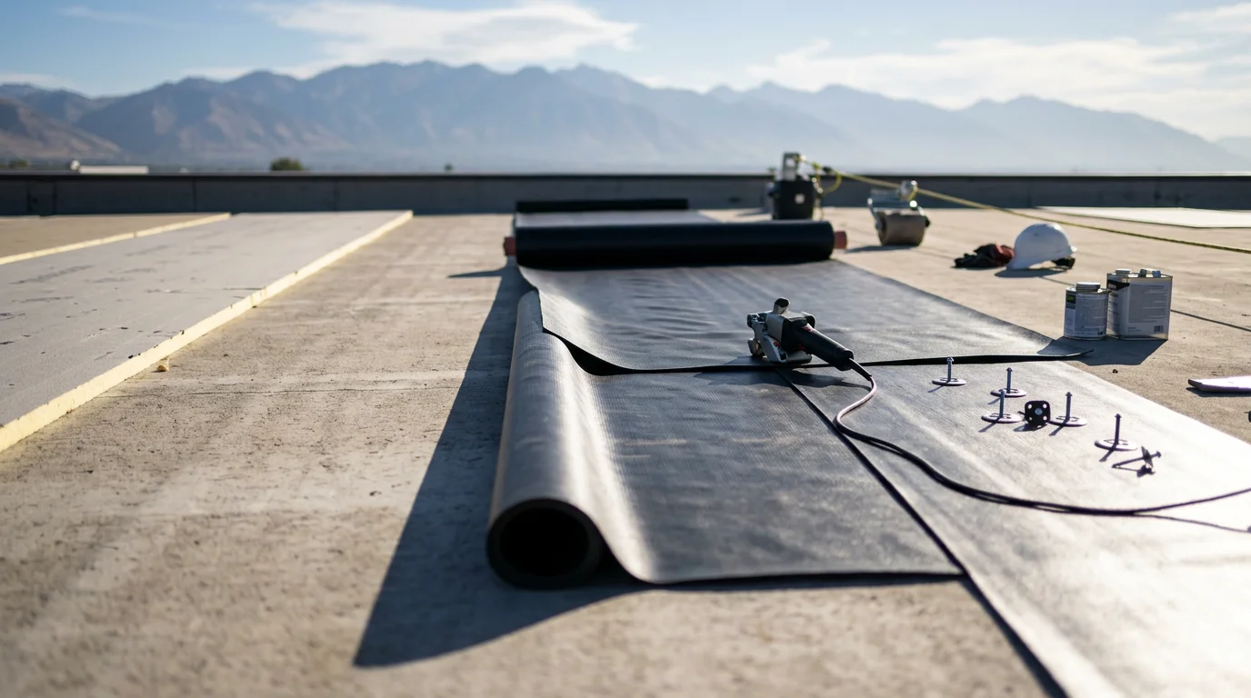 A completed commercial EPDM rubber roof membrane installation on a flat commercial building along the Wasatch Front in Utah. The smooth black membrane covers the full low-slope roof surface with clean seams and properly flashed edges.