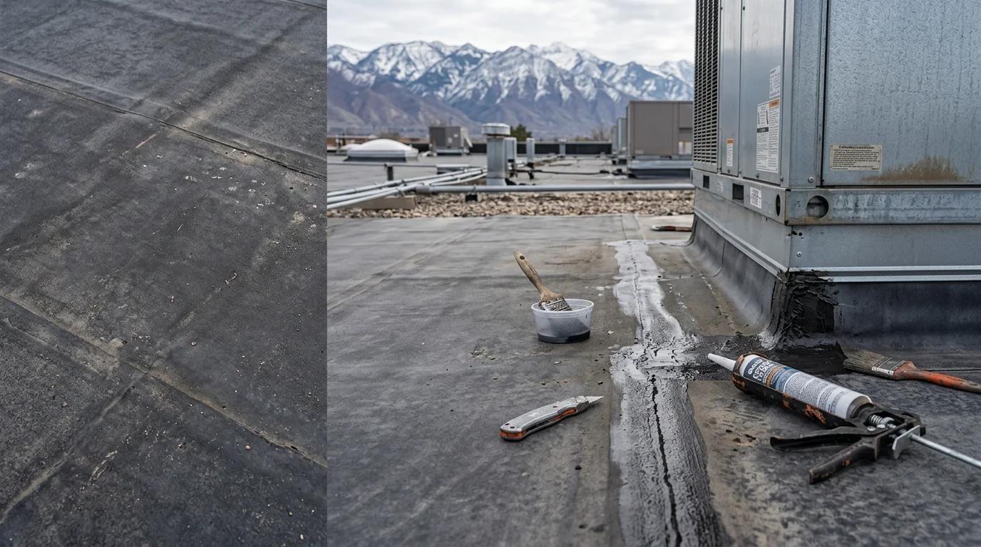 A commercial flat roof with a repaired EPDM rubber membrane on a low-slope building along the Wasatch Front, showing sealed seams and clean flashing details around rooftop HVAC equipment against a backdrop of Utah mountains.