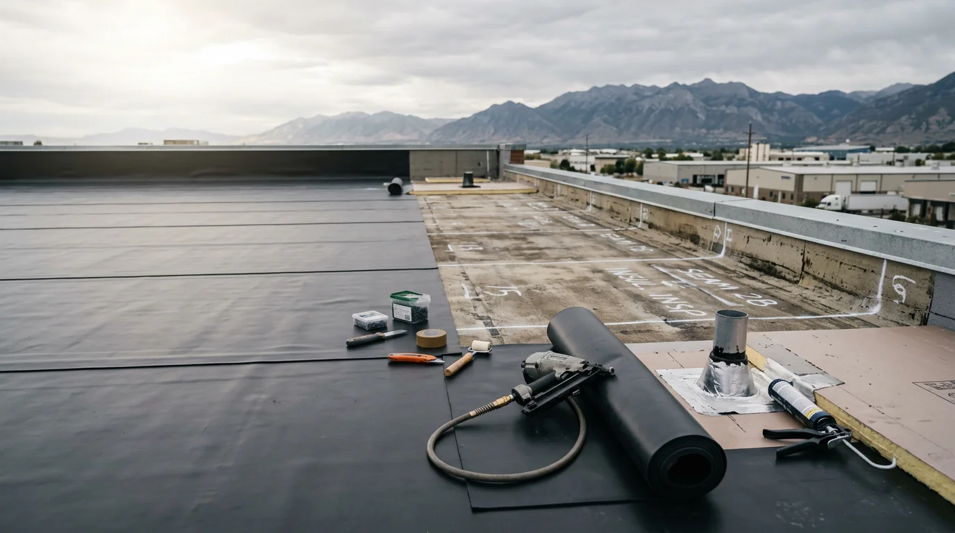 A completed commercial EPDM rubber roof replacement on a flat-roof building along the Wasatch Front, showing a smooth black membrane with sealed seams and metal flashing around rooftop penetrations. The surrounding mountain terrain of northern Utah is visible in the background.