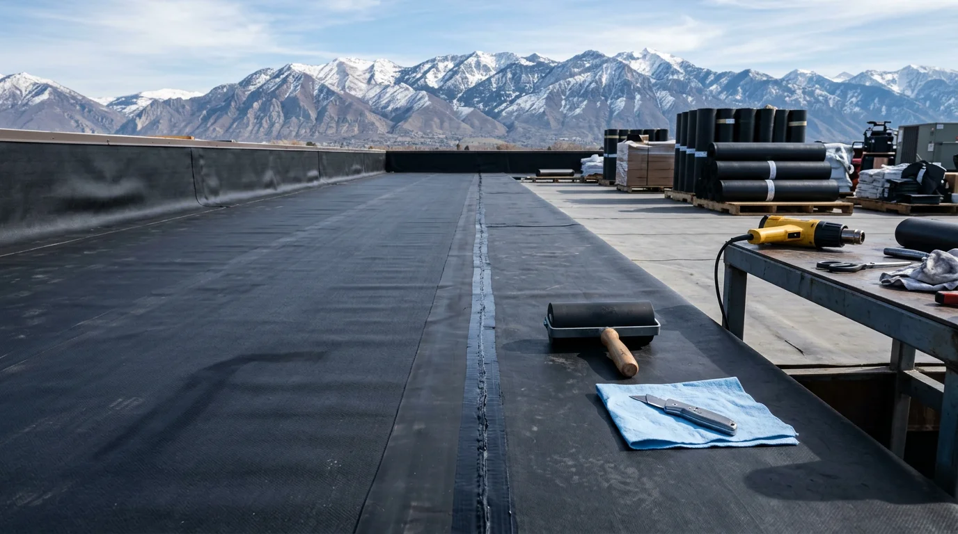 A commercial flat roof with a freshly installed black EPDM rubber membrane, showing sealed seams and flashing around rooftop HVAC units on a low-slope building along the Wasatch Front in Utah. The surrounding mountain range is visible in the background under a clear sky.