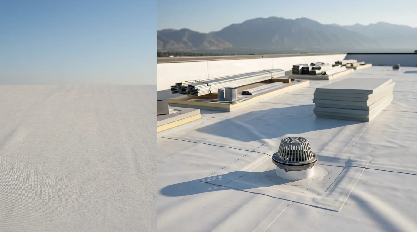A completed commercial flat roof installation on a low-slope commercial building along the Wasatch Front in Utah, showing a clean membrane surface with properly installed edge metal and roof drains. The surrounding mountain terrain and urban commercial district are visible in the background.