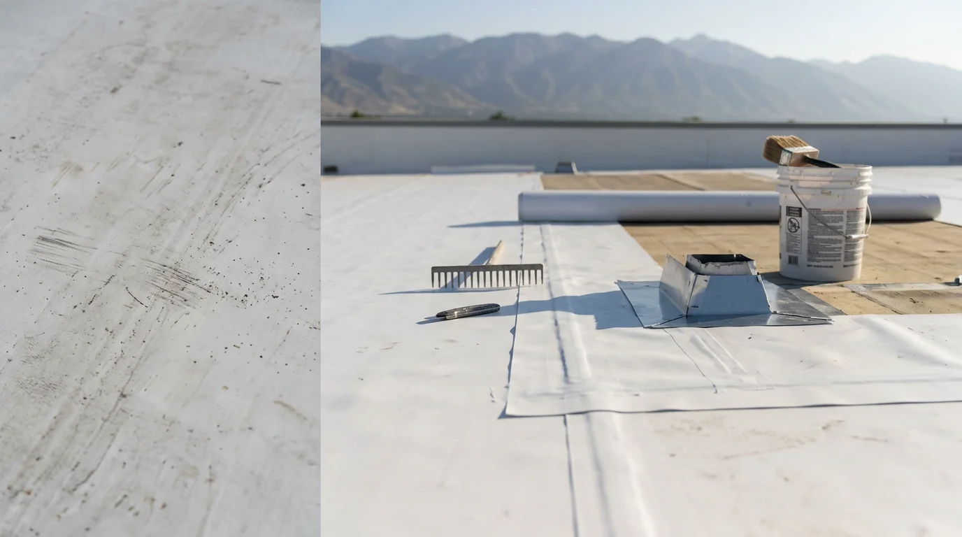 A completed commercial flat roof replacement on a large commercial building along the Wasatch Front in Utah, showing a clean membrane surface with properly sealed HVAC curbs and drainage points. The building sits against a backdrop of the Wasatch Mountains under a clear Utah sky.