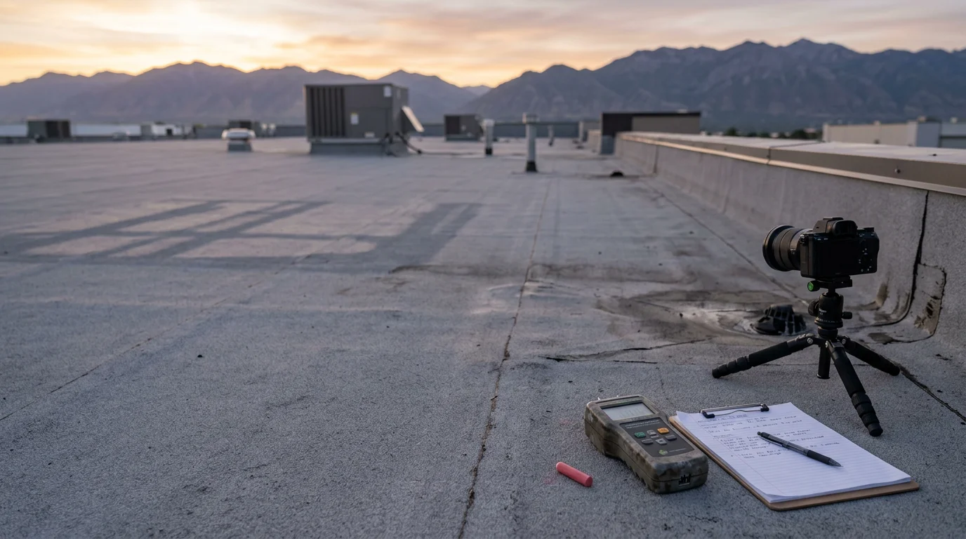 A roofing contractor inspecting a flat commercial roof on an industrial building along the Wasatch Front, checking membrane seams and roof drains with the Wasatch Mountains visible in the background.