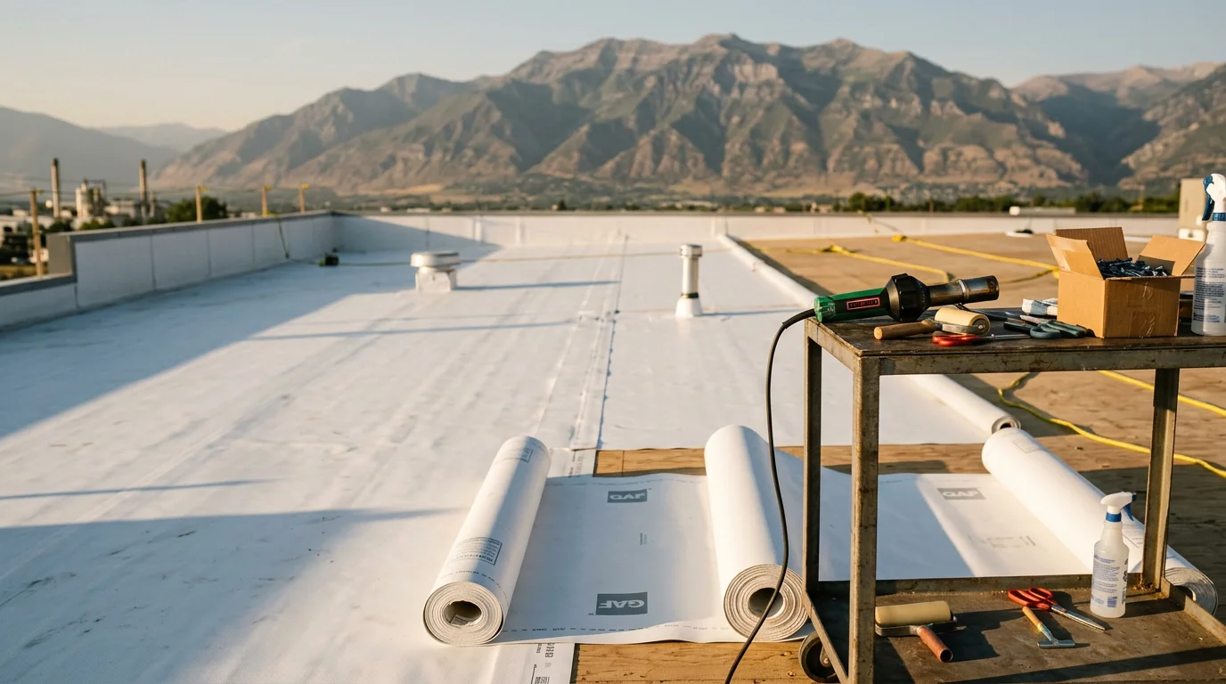 A commercial flat roof on an industrial building along the Wasatch Front, showing a membrane roofing system with clean seams and metal flashing around rooftop mechanical units. Snow-capped mountains are visible in the background, reflecting the high-elevation Utah climate these roofs are built to handle.