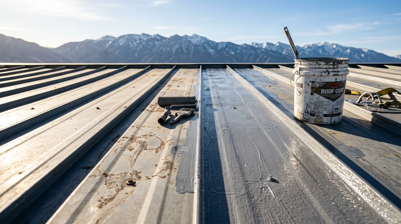 A commercial metal roof on a flat-roofed industrial building along the Wasatch Front after a protective coating has been applied, showing a uniform, sealed surface with no visible rust or open seams. The surrounding Wasatch Range is visible in the background under a clear Utah sky.