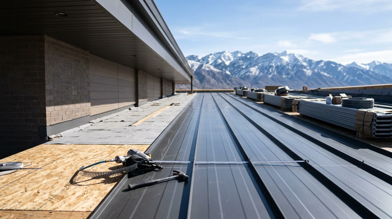 A completed commercial metal roof installation on a large commercial building along the Wasatch Front in Utah, with mountain terrain visible in the background. The metal panels run in clean, uniform lines across the low-slope commercial roof structure.