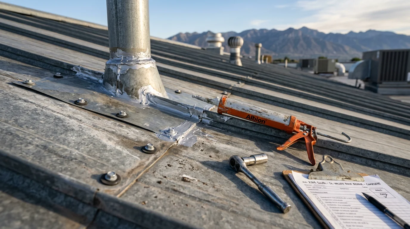 A commercial metal roof on a large building along the Wasatch Front showing repaired panel seams and flashing after winter weather damage. A Redline Roofing and Construction crew member inspects the completed repair area with mountain terrain visible in the background.