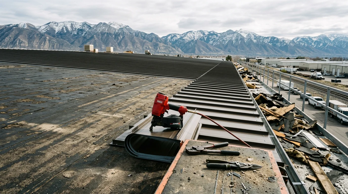 A completed commercial metal roof replacement on a large flat-to-low-slope building along the Wasatch Front in Utah, showing clean metal panels and finished edge details against a mountain backdrop. The roof system is viewed from an elevated angle, with surrounding commercial properties and the Wasatch Range visible in the background.